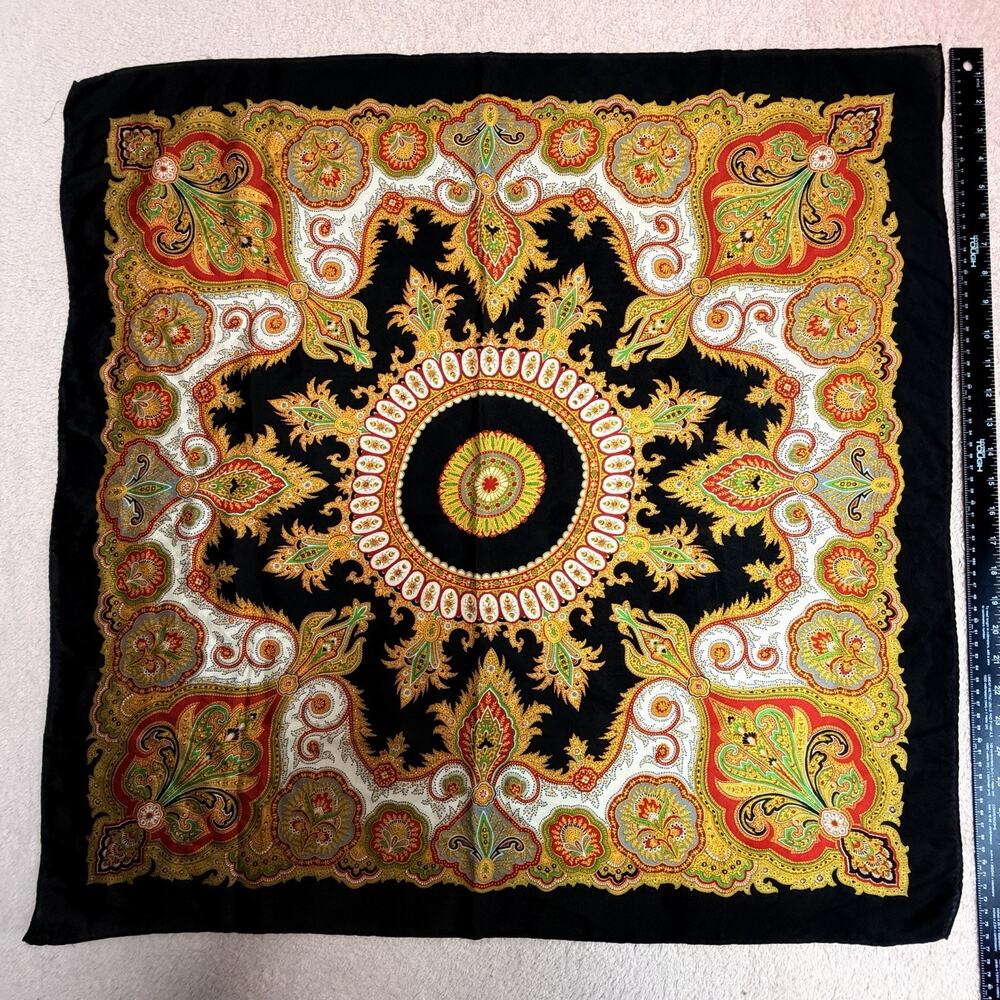 Vintage Echo 100% Silk Scarf Black Gold Paisley Square 30"